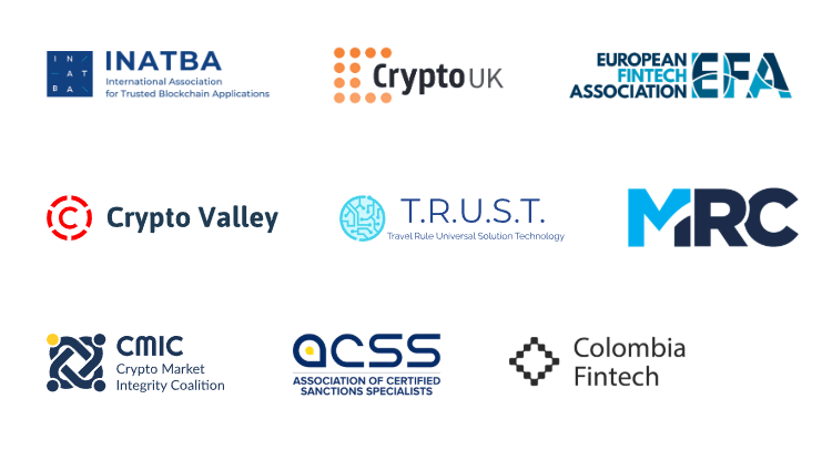 Partner organizations including INATBA, CryptoUK, European Fintech Association, Crypto Valley, T.R.U.S.T., MRC, CMIC, ACSS, and Colombia Fintech.